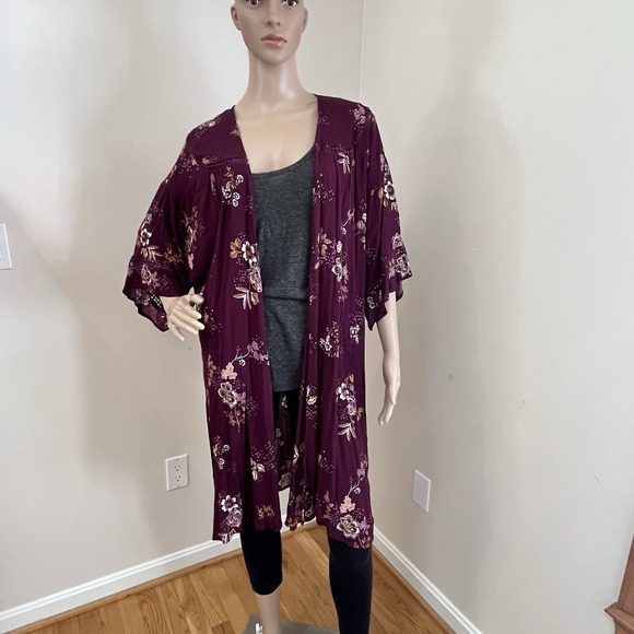 Womens Kimono Duster Long Open Front Floral Burgundy Cardigan Sz Small Blue Rain - Picture 1 of 10